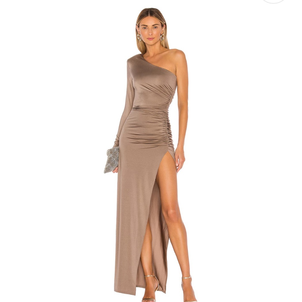 Michael Costello Asymmetrical Ruched Brown Gown
